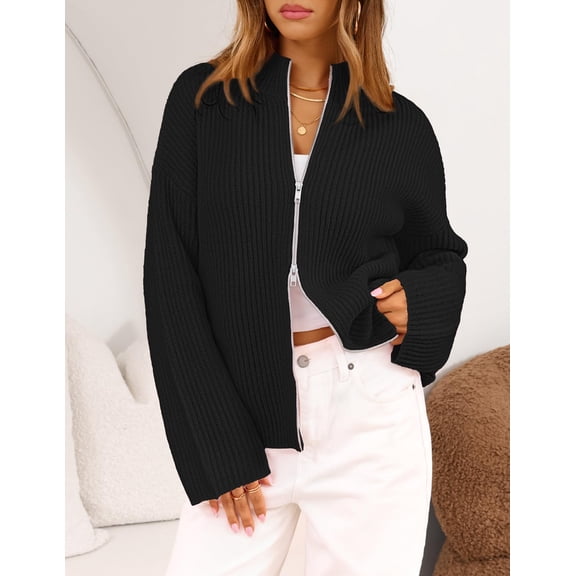 Merokeety Womens Long Sleeve Chunky Knit Cardigan Sweater Black S