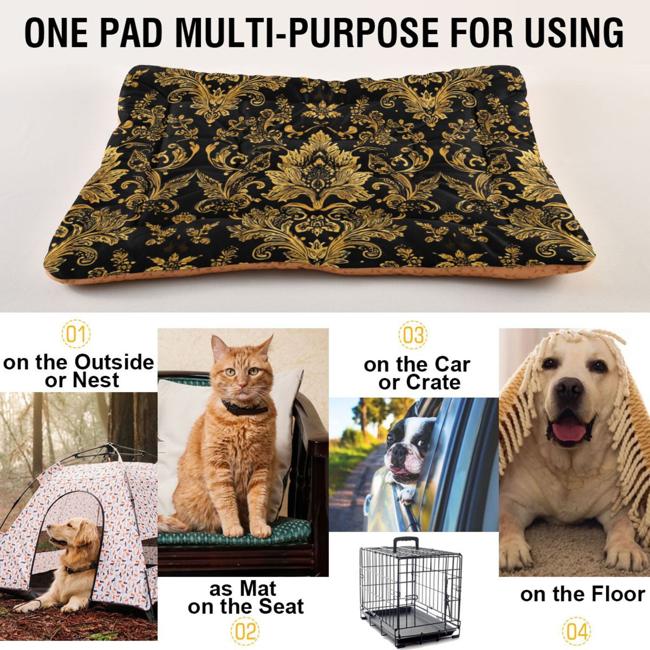 Cozy Mat Pet Bed Indoor Outdoor Warm Soft For Cat Dog Puppy(S/M) Black&gold Baroque