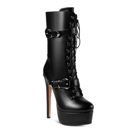 

Ferwind Women s Ultra High Stiletto Heels Platform Lace Up Boots Black 9 Mid Calf
