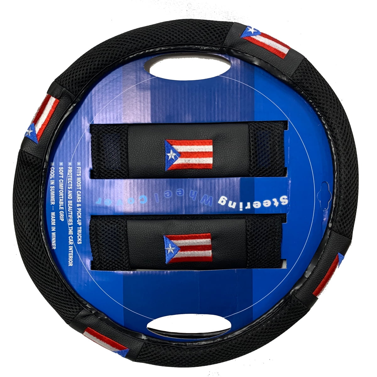 Puerto Rico Flag Steering Wheel Cover Black & 2 Seat Belt Pads