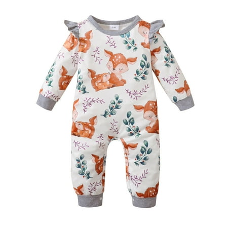 

TAIAOJING Baby Boys Girls Snap-Up Rompers Long Ruffled Sleeve Patchwork Cute Cartoon Print Jumpsuit Clothes Outfit 0-3 Months