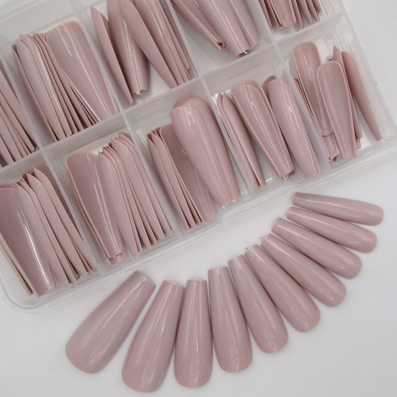 Uñas postizas de bailarina larga con diseño de ataúd de colores, uñas postizas de cubierta completa, diseño de manicura, uñas acrílicas, 100 piezas para mujeres, adolescentes y niñas (caqui)