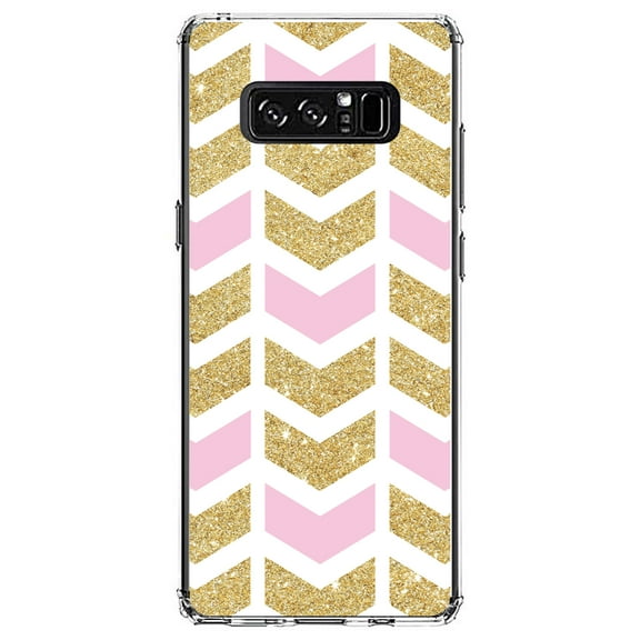 DistinctInk Clear Shockproof Hybrid Case for Samsung Galaxy Note 8 - TPU Bumper, Acrylic Back, Tempered Glass Screen Protector - Pink & Gold Print - Random Chevron Pattern