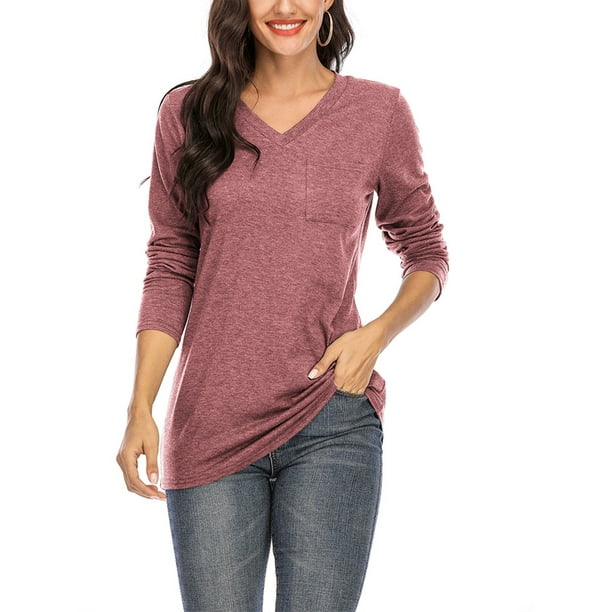 Solid Color Long Sleeve Autumn Casual Top for Women Pullover Pocket Tunic  Shirt Top V-Neck Blouse Tops - Walmart.com