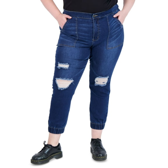 Gogo Jeans Trendy Plus Size Destructed High Rise Jogger Jeans Dark 22W