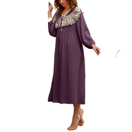 

Cute Colorblock V neck Nightgowns Purple Long Sleeve Women Nightgowns & Sleepshirts