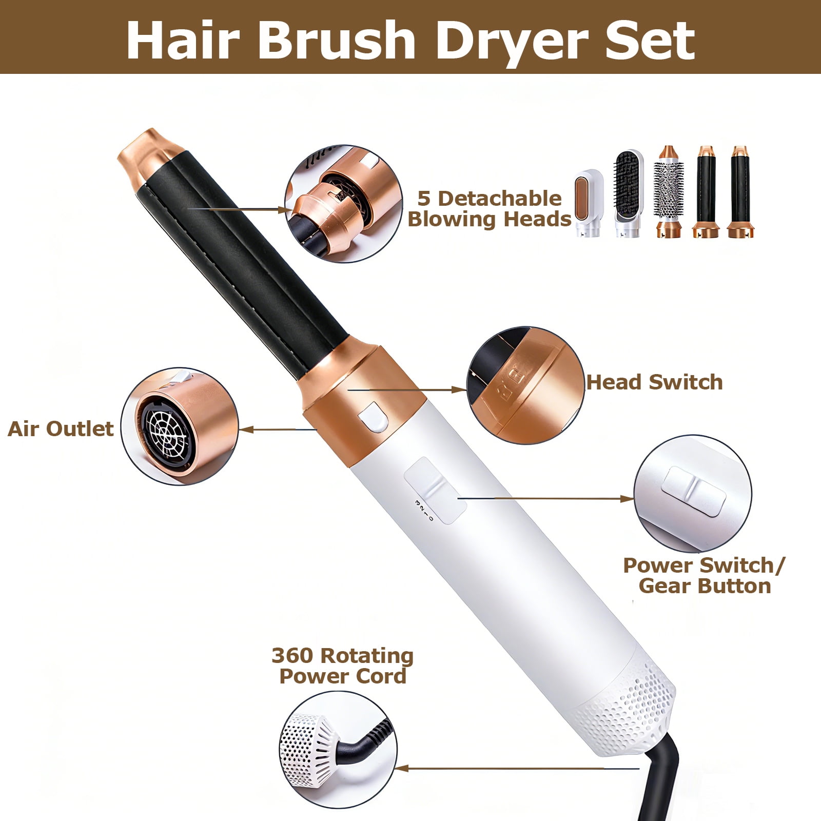 Kisportee Hair Dryer Brush 5 in 1, Negative Ion Blow Dryer Brush Set Upgrade Hot Air Brush Air Styler Curling Wrap Air Curler, Curling Iron Hair Styling Tools for Straight/Curl/Drying/Smoothing