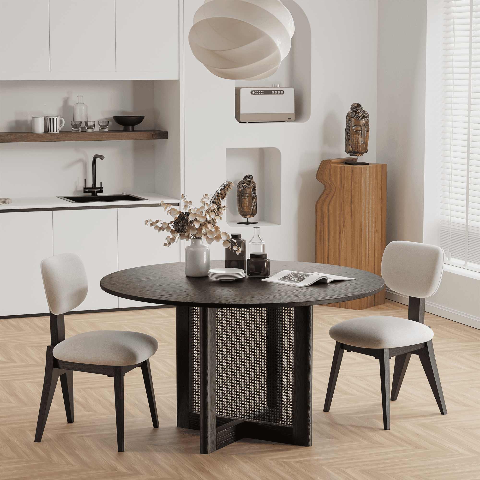 MAYEERTY 52"×52"×30" Black Rattan Woven Round Dining Table - Compact for Small Dining Spaces