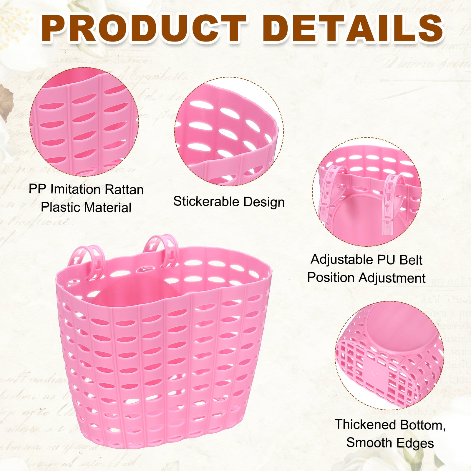 Uxcell Bike Basket, Plastic Bicycle Basket Adjustable Front Baskets with 2 Adjustment Buckles Unisex Strong Load 7.7 x 5.1 x 5.9" & Pink-Fitting For(Most Bikes/Tricycle/Scooters)