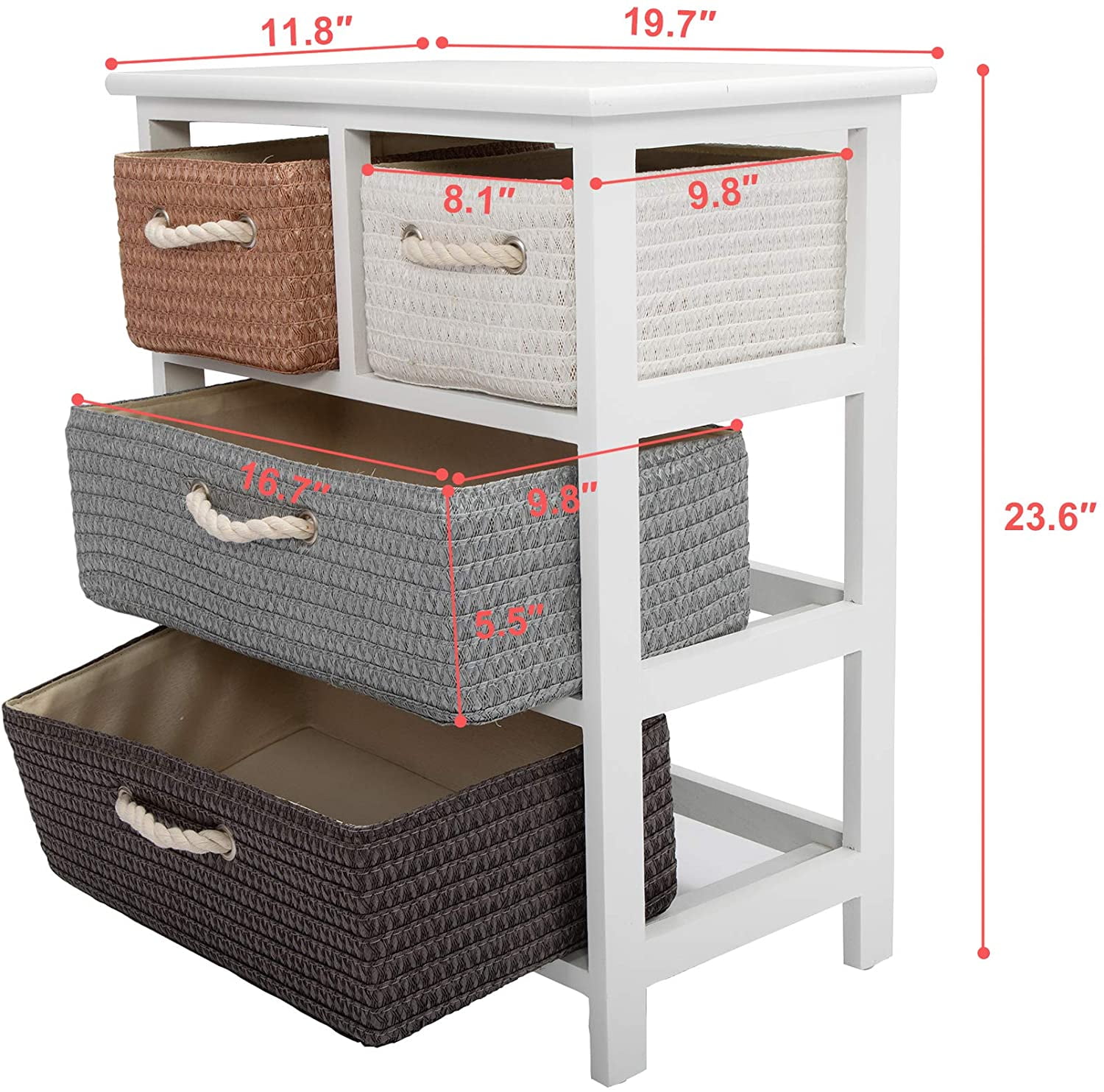 Lowestbest Wood Nightstand, Storage Table with 4 Woven Basket, Storage Unit Rack Shelf, White Lowestbest Wood Nightstand, Storage Table with 4 Woven Basket, Storage Unit Rack Shelf, White