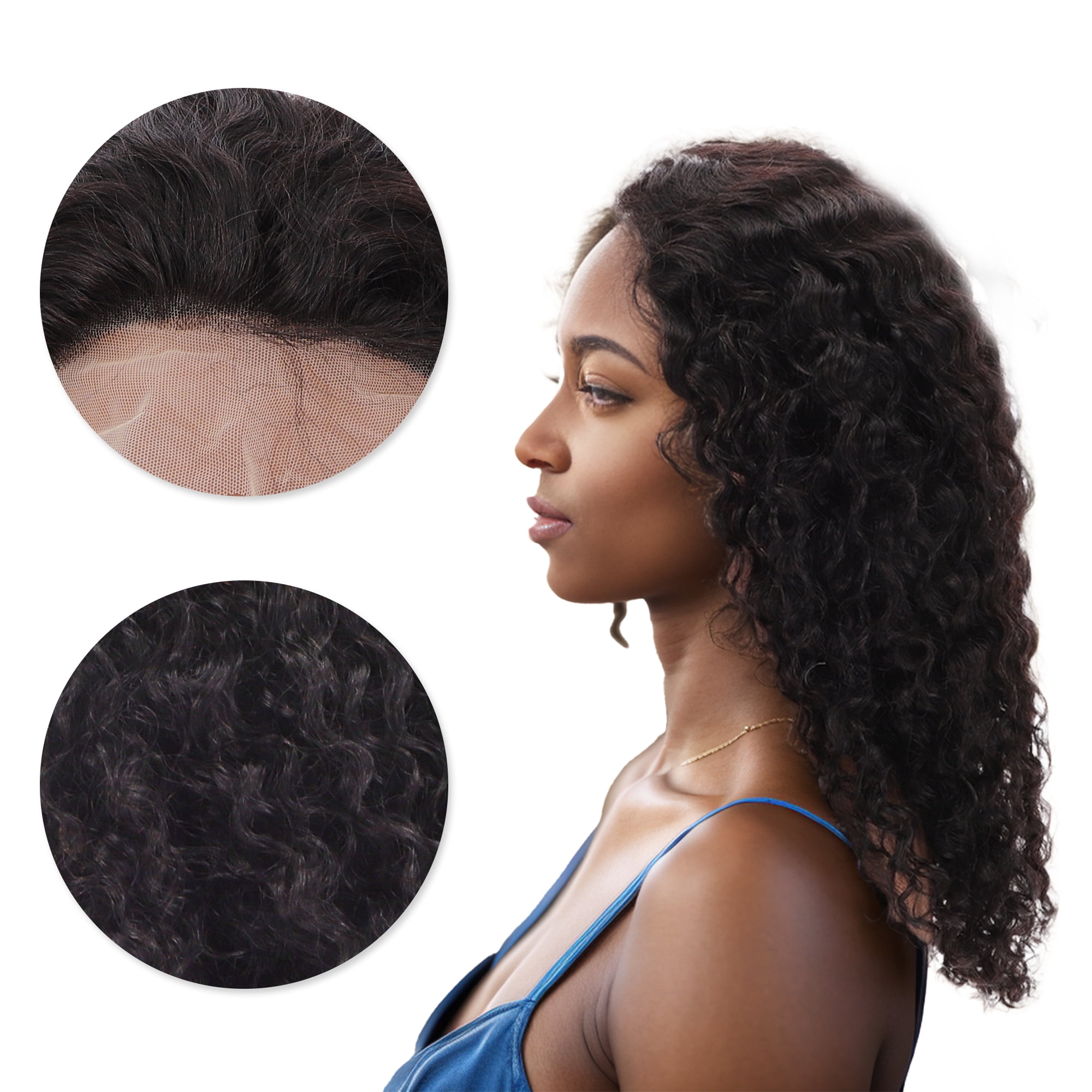 Unique Bargains 1 Pc Medium Wave Curly Long Hair Hair Wig Real Human Hair 16in 13x4in 150 Human Wig Black for Women