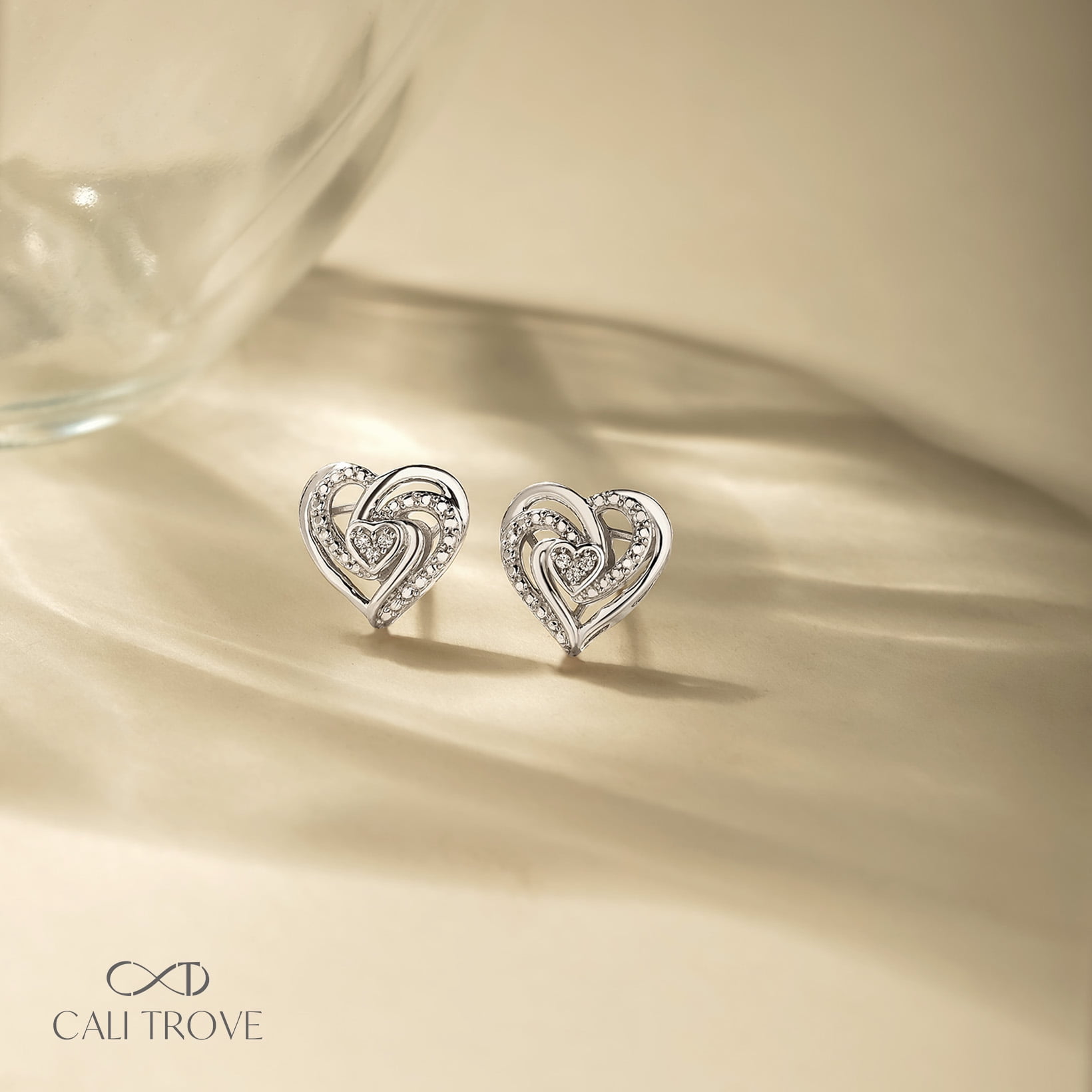 925 Sterling Silver Diamond Twist Heart Stud Earrings for Women, 1/20 Ct