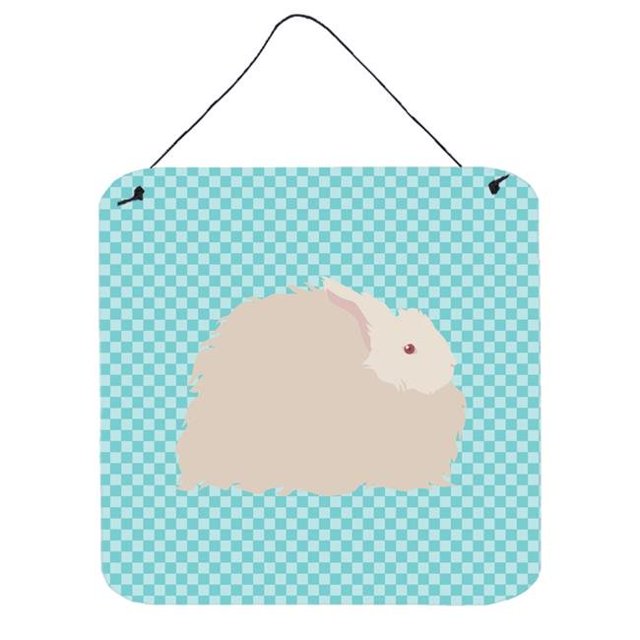 Fluffy Angora Rabbit Blue Check Wall or Door Hanging Prints, 6 x 6 in.