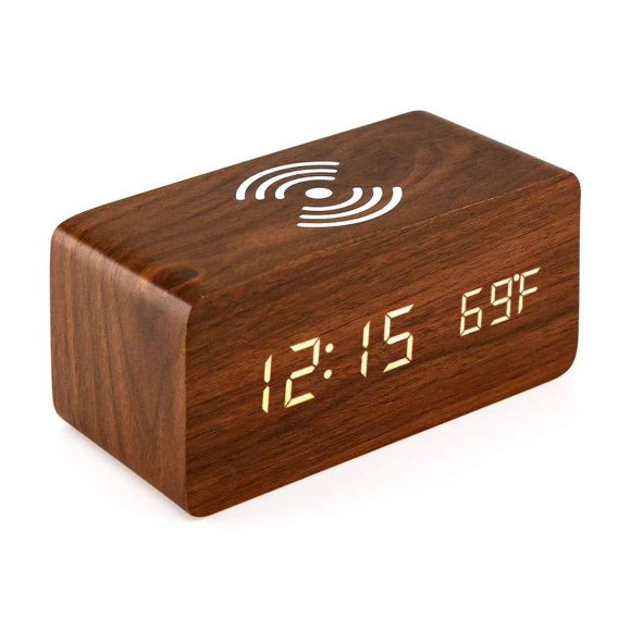 Tignapoo Wireless Charging Wooden Alarm Clock with LED Display, Sound Control, and USB Port for iPhone & Samsung – Modern Home Decor with Time, Date, and Temperature Functions
