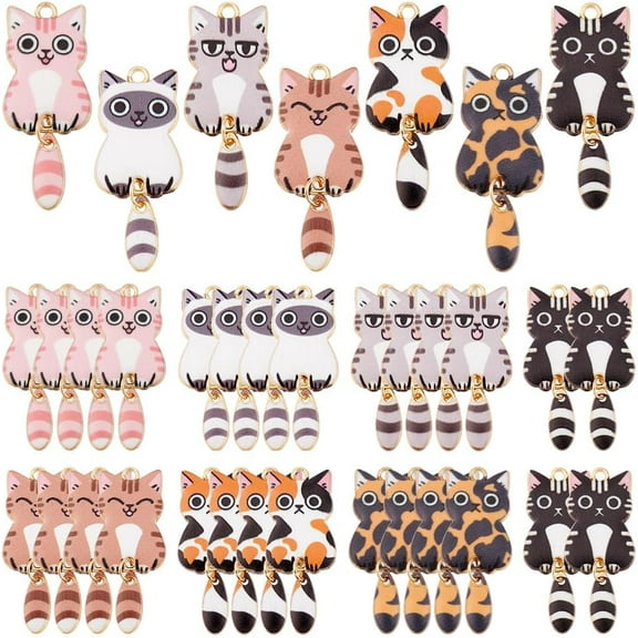 28pcs 7 Colors Enamel Cat Charms with Swinging Tails Cute Kitten Pendants Animal Pet Dangle Charms Alloy Enamel Pendants for Necklace Bracelet Earrings Keychain DIY Craft Jewelry Making DIY