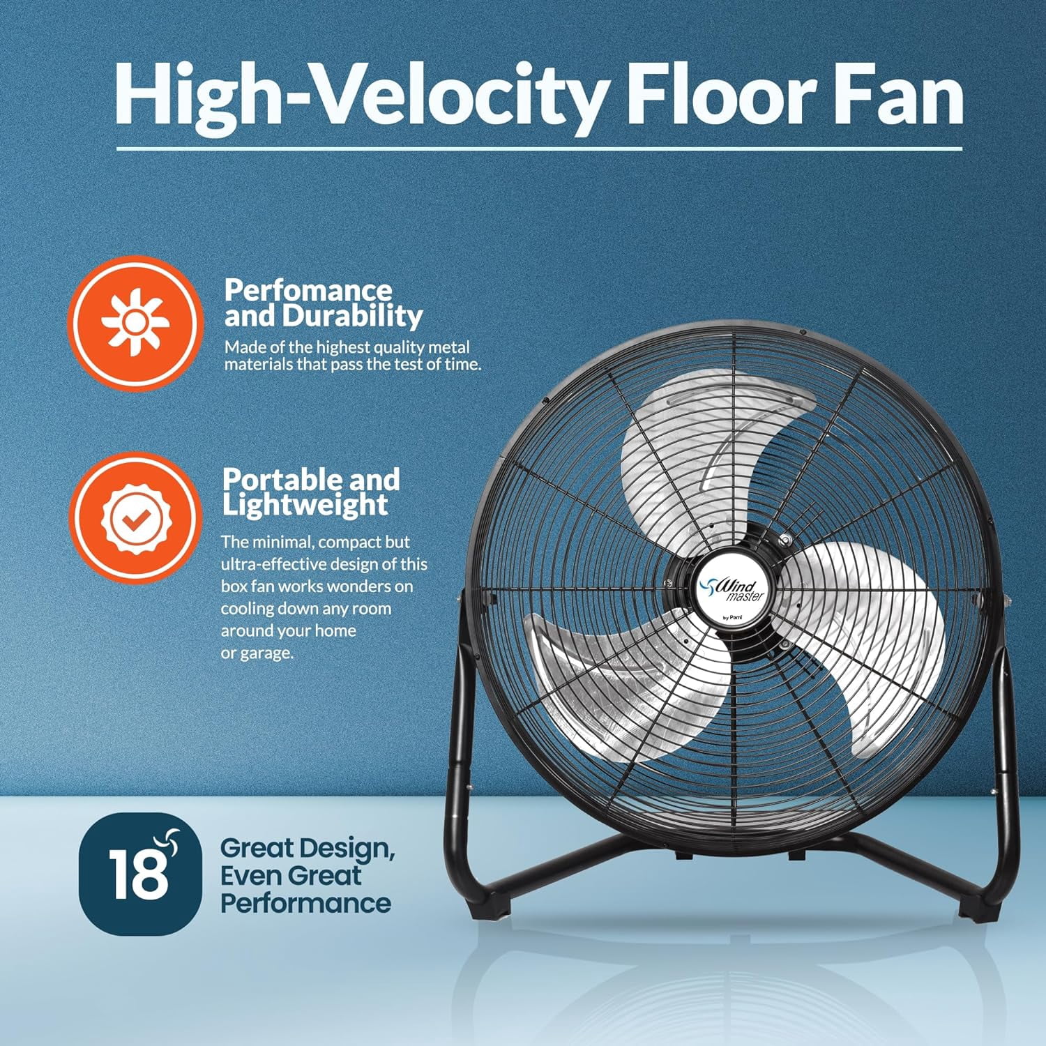 PAMI Floor Fan 18 inch Black – High-Velocity Metal Electric Fan with 3 Speeds & Adjustable Head Fans for Home & Office