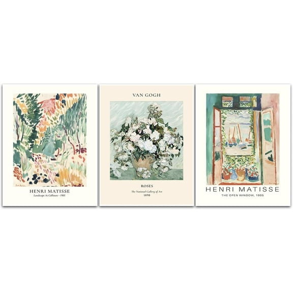 Sage Green Matisse Canvas Wall Art Poster Set of 3 - Van Gogh Floral Wall Decor Paintings, Mid Century Abstract Pictures Vintage Aesthetic Prints for Living Room Bedroom Bathroom
