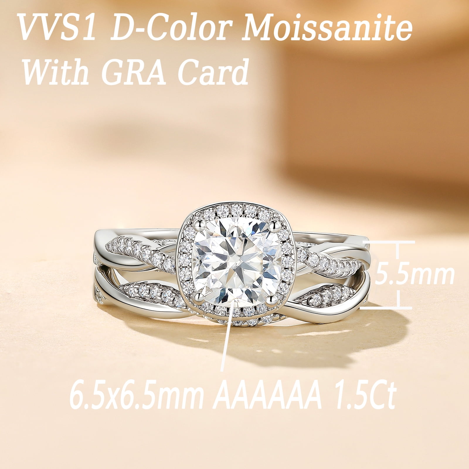 Newshe Jewellery 2.5 Carat Moissanite Wedding Ring Sets Twisted Band Cushion Round Infinity Bridal Rings for Women Size 6