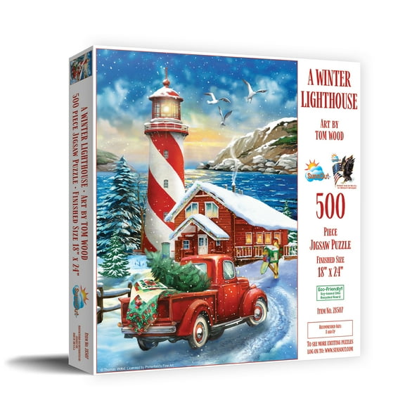 SUNSOUT INC - A Winter Lighthouse - 500 pc Jigsaw Puzzle by Artist: Tom Wood - Finished Size 18" x 24" Christmas - MPN# 28507
