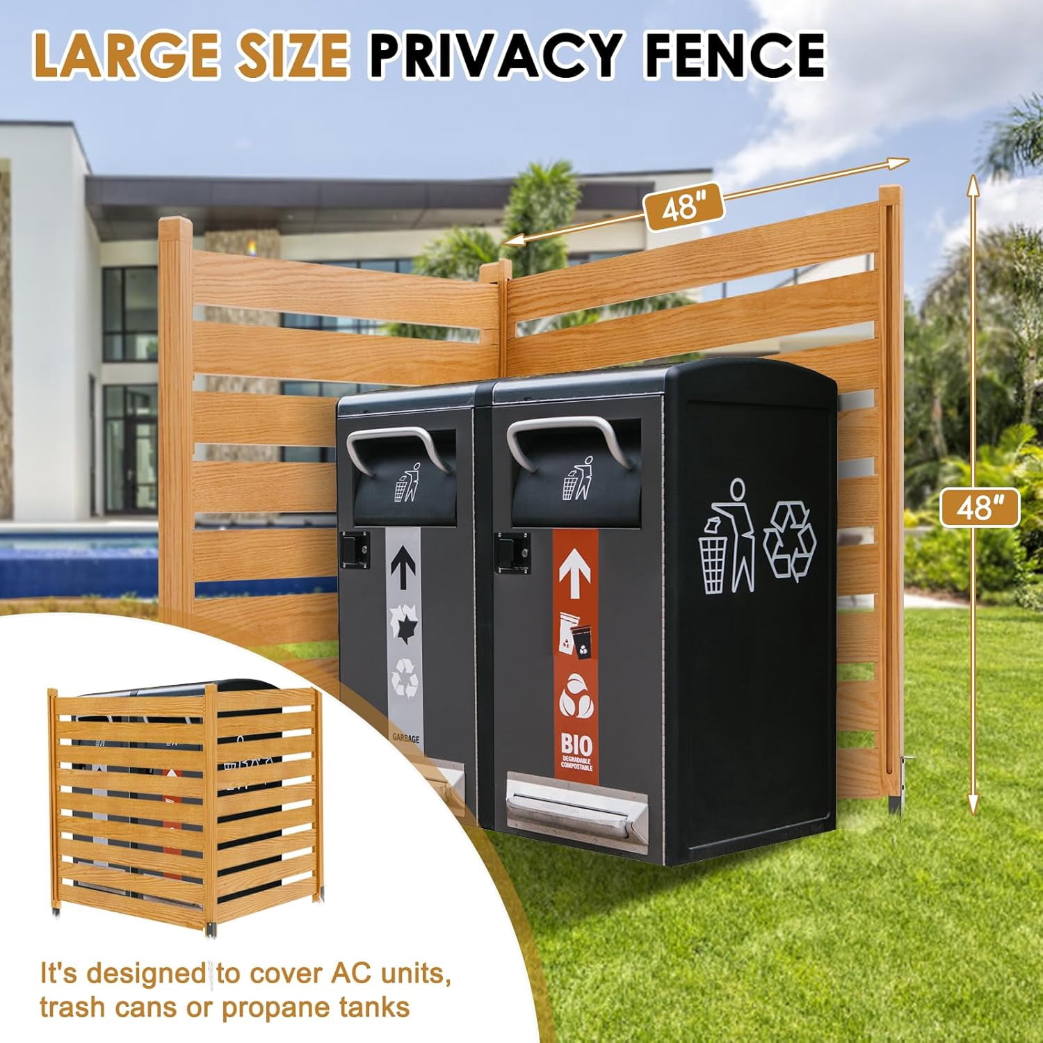 Zikebtuy 48in W x 48in H Air Conditioner Fence, 2 Panels Outdoor Wooden Fence Privacy Screen with Metal Stakes, Trash Can Pool Equipment Enclosure Outside Panels Decorative Fences