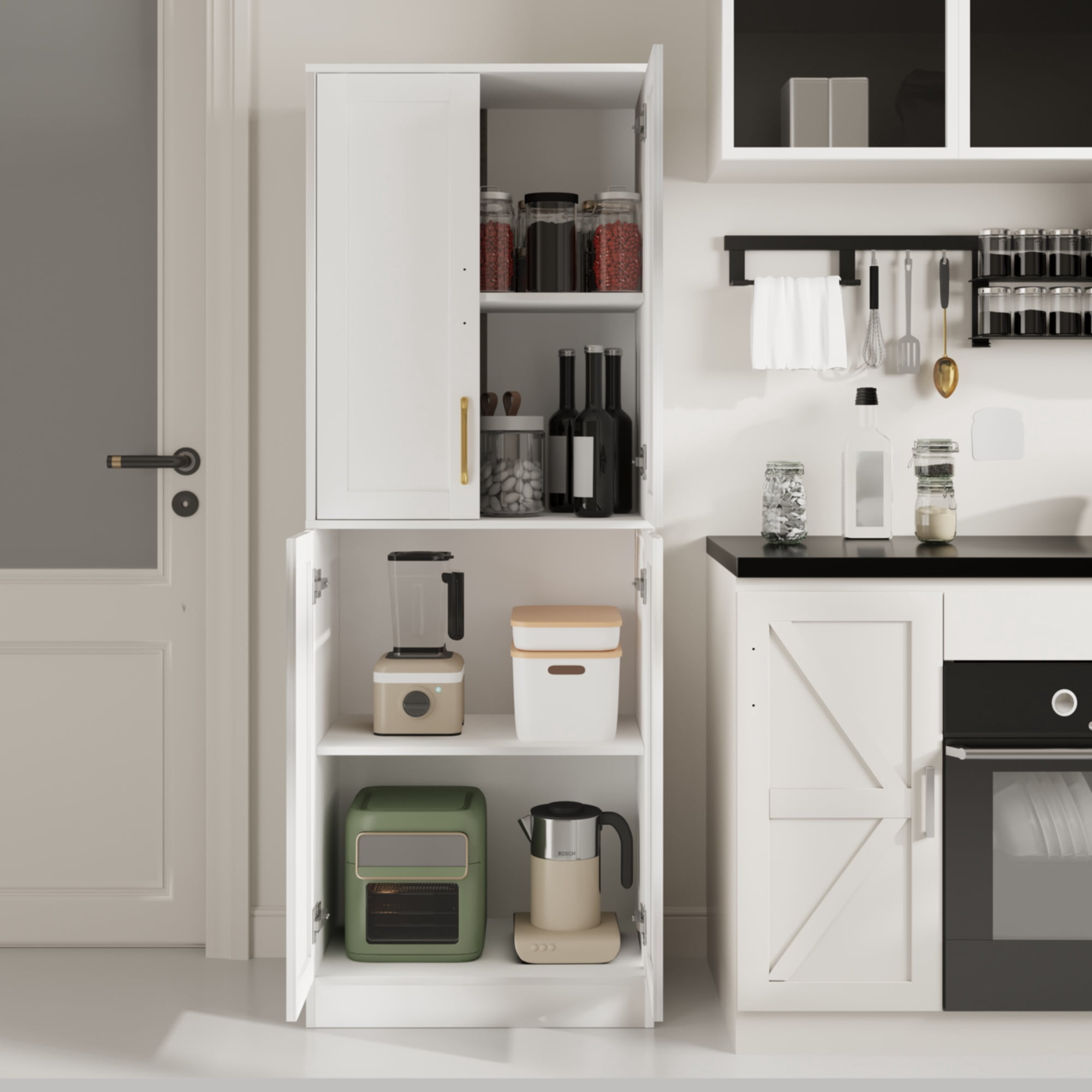 BOCVKENN 67.7" Tall Kitchen Pantry,Farmhouse Storage Cabinet withAdjustable Shelves,Farmhouse Pantry Cabinet with 4Doors,for Kitchen,Dining Room,Living Room
