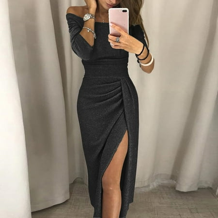 Black Polyester Off-the-Shoulder Women s Formal Dress  Women s Bag Hip Slit One-neck Dress Shiny Dress Dinner Dress