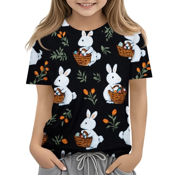 YOUYEDIAN 2026 Easter Girls T Shirts Funny Bunny Graphic Short Sleeve Tee Tops Festival Cute Cotton T-Shirt Outfits (Black, 6-7 Years)