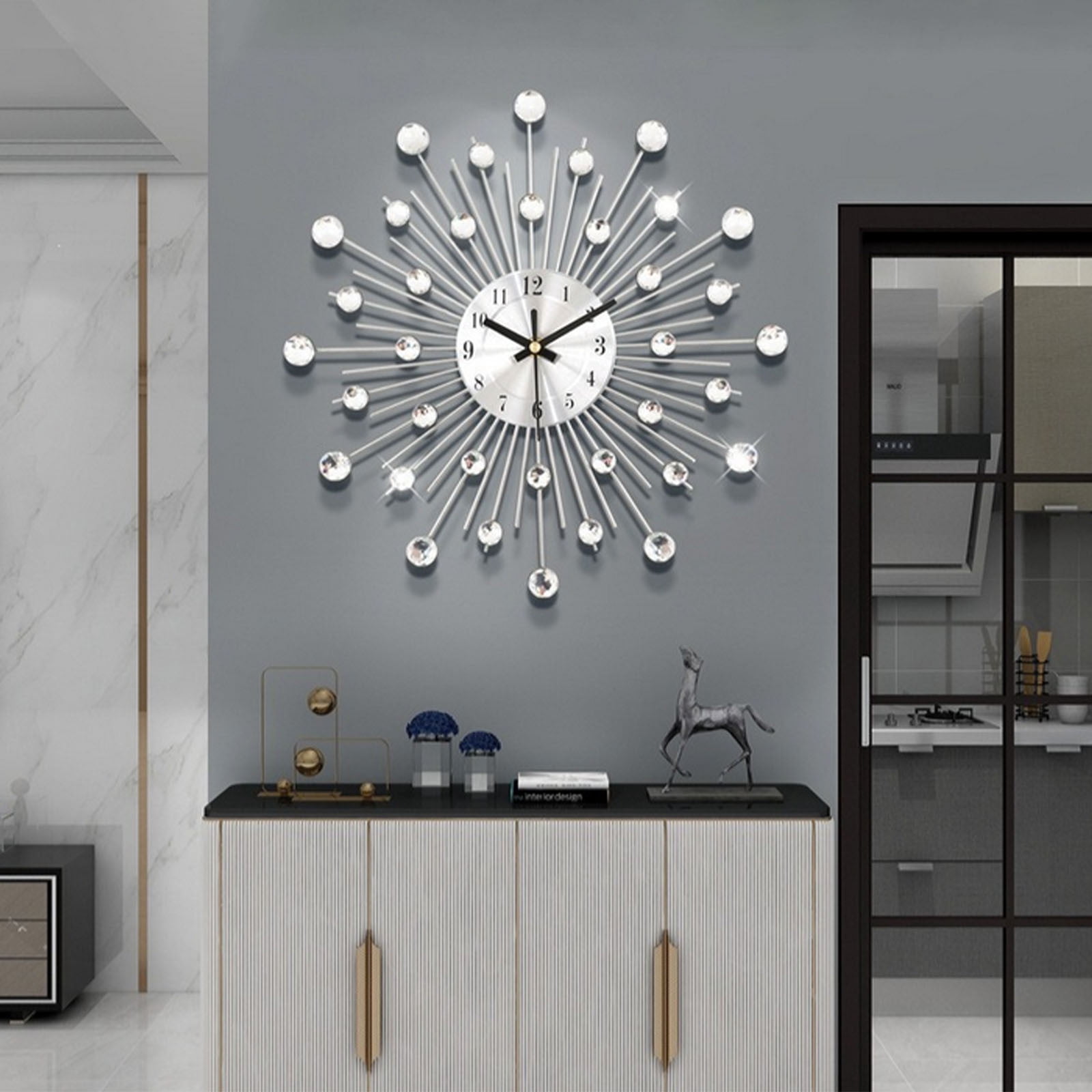 NWOKYZGH Large Wall Clock for Living Room Decor, Non-Ticking Quiet Modern Metal Starburst Bling Silver Crystal Wall Clocks Decor for Bedrooms Kitchen Decorative