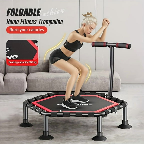 50-Inch Hexagon Trampoline with Adjustable Armrests - Fully Foldable for Indoor/Outdoor Use, Supports 800lbs, Perfect for Family Fun & Fitness, Loss, Garden, Fitness Center
