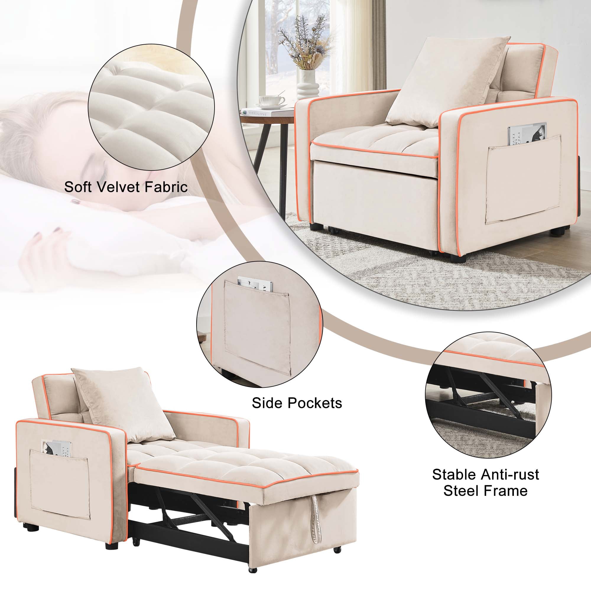 Aukfa Sleeper Chair Bed, Convertible Pull Out Sofa Bed for Living Room Apartment, Beige