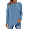 thumbnail image 2 of Womens Tops Casual Fall, Women's Fashion Fallow Solid Color Round Neck Long Sleeves T-Shirt Top, Women's Long Sleeve Shirts Plus Size, (Light Blue,M), 2 of 5