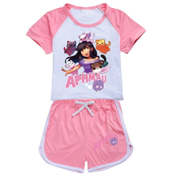 Girls' Short sleeved Set APHMAU Children's Girls' Short sleeved T-shirt Shorts Sports Set Game Cartoon Fashion Casual Set, Suitable for Children aged 5-13