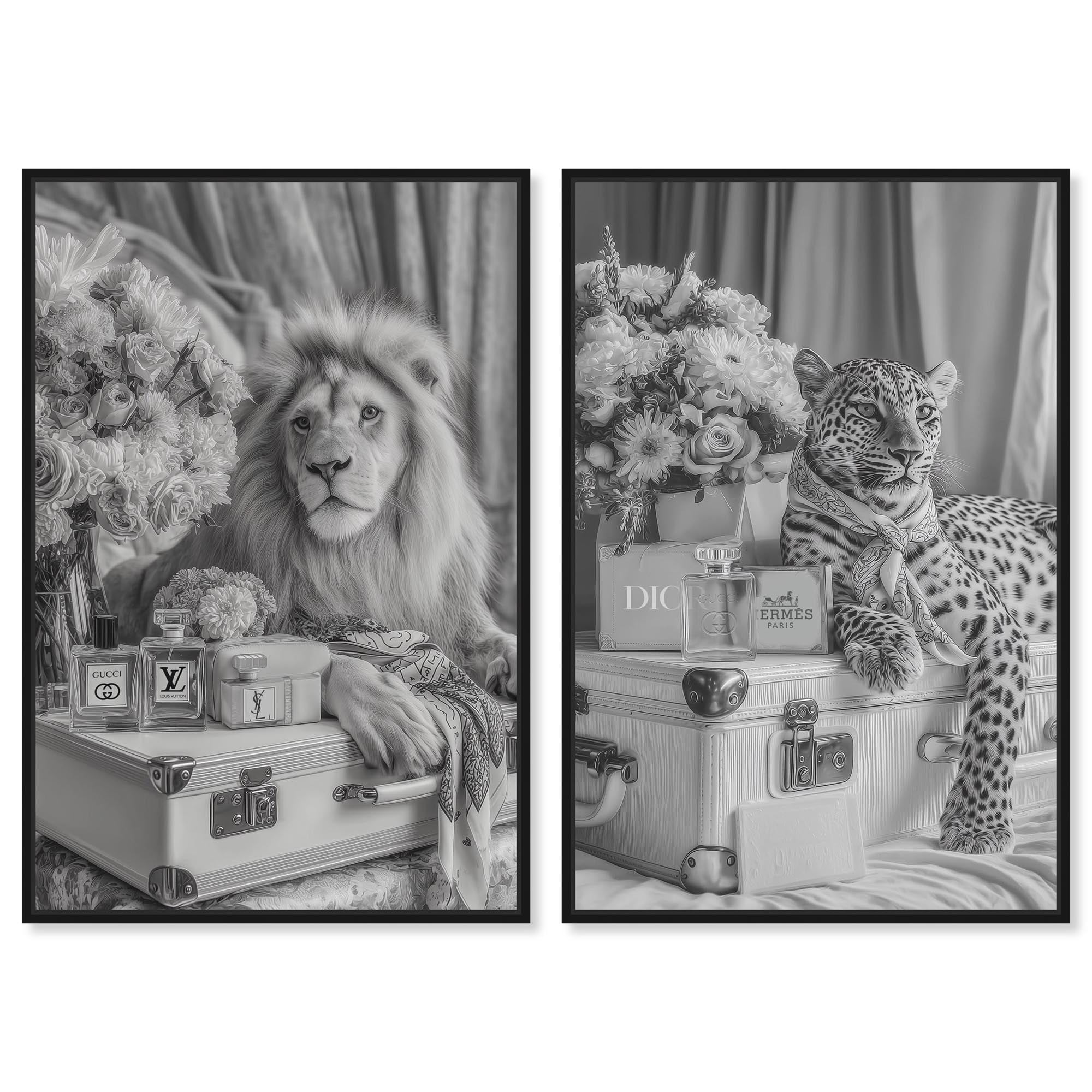 Animals With Luxurious Glam Canvas Print Bedroom Wall Decor Set By Art Remedy, Black Frame, 10 x 15