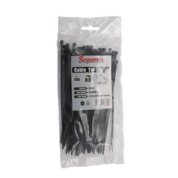 Superun Black Zip Ties 6 Inch, 40 Lbs Tensile Strength Wire Ties (Industrial Grade Cable Ties) Pack of 100