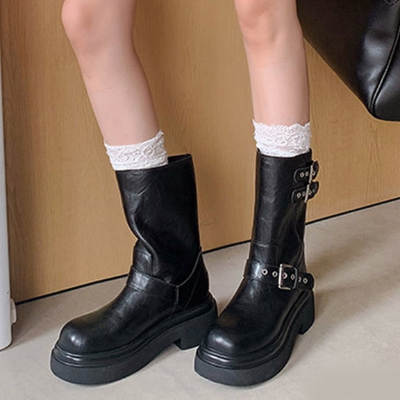 Mid Calf Boots For Women Platform Chunky Heel Booties With Square Toe Motorcycle Leather Boots