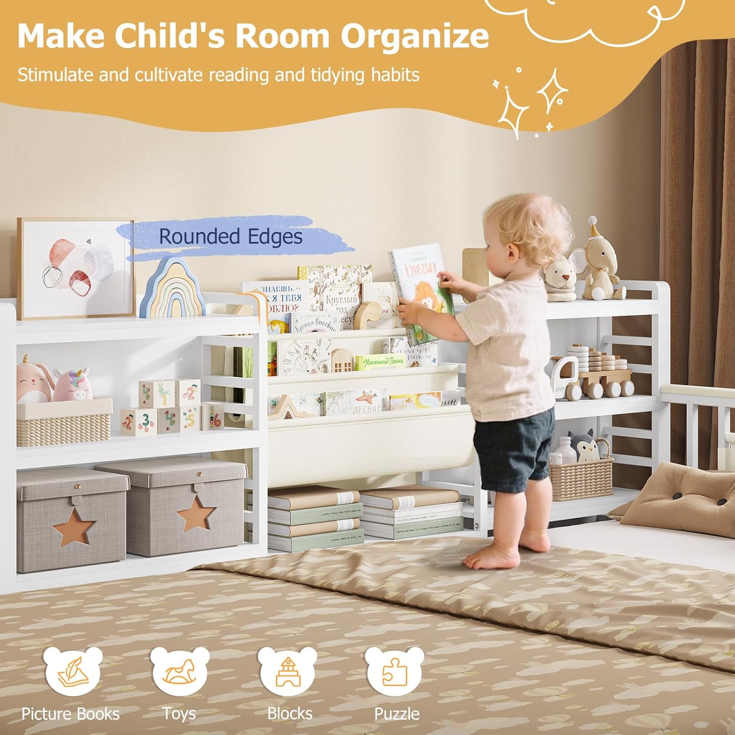 Floor Bed Frame Twin Size with High Fence & Door & Storage Bookcase, Montessori Floor Bed for Boys Girls, Twin Metal Platform Bed with Slats & Shelf & Safety Guardrails, White