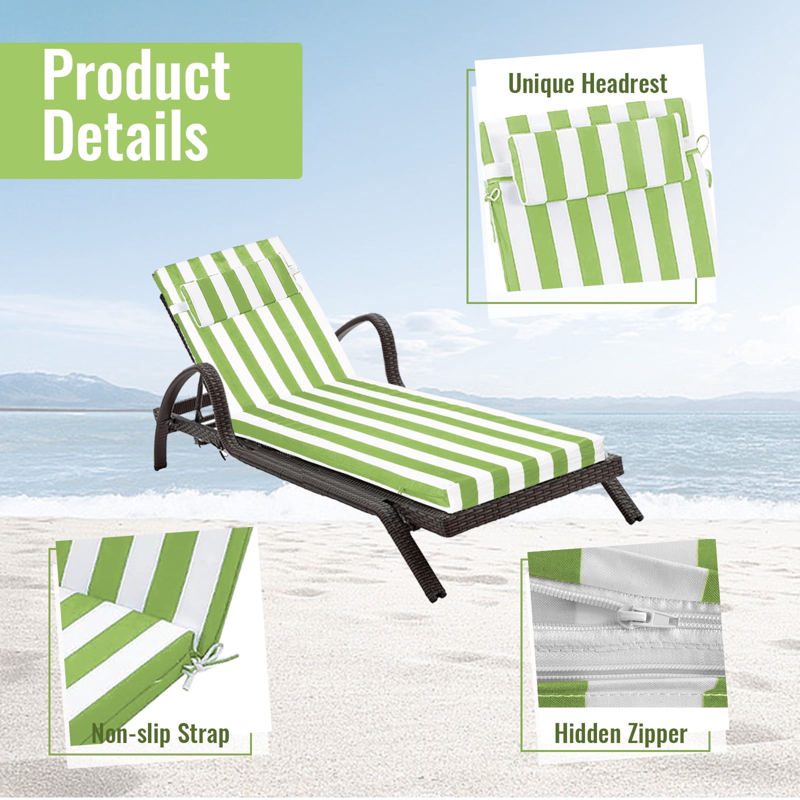 SDJPOI Outdoor Chaise Lounge Cushions, 72×21×3in Patio Chair Cushion for Pool & Beach（Grass White）