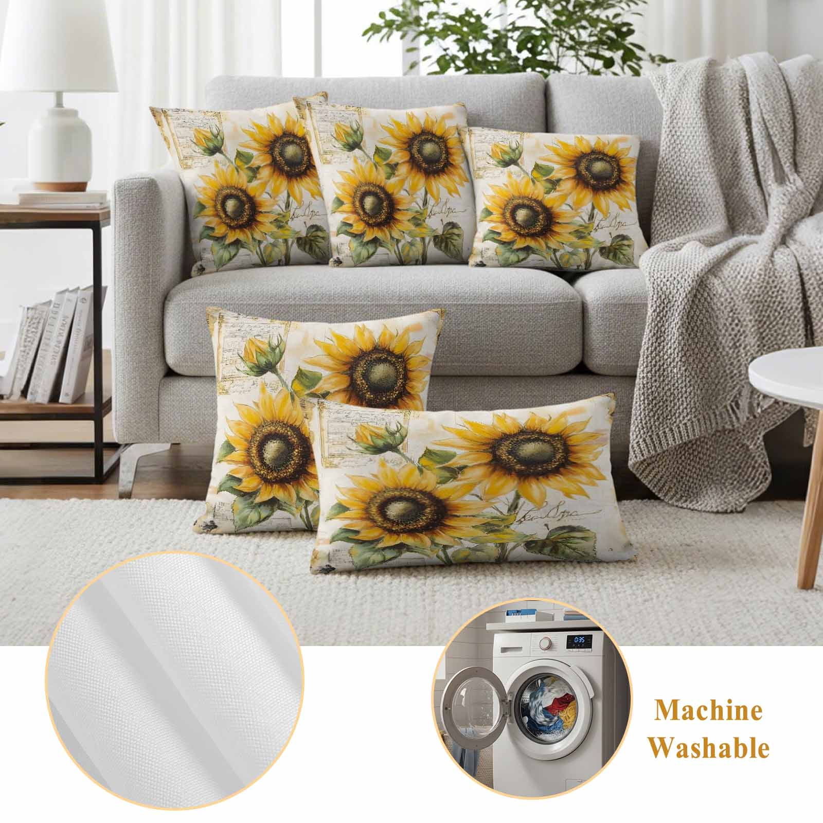 Sunflowers Retro Outdoor Waterproof Pillow Covers, Spring Summer Floral Botanical Decorative Square Throw Pillowcase Sofa Cushion Sham for Patio/Couch/Chair, 20"x20" 2 Pack