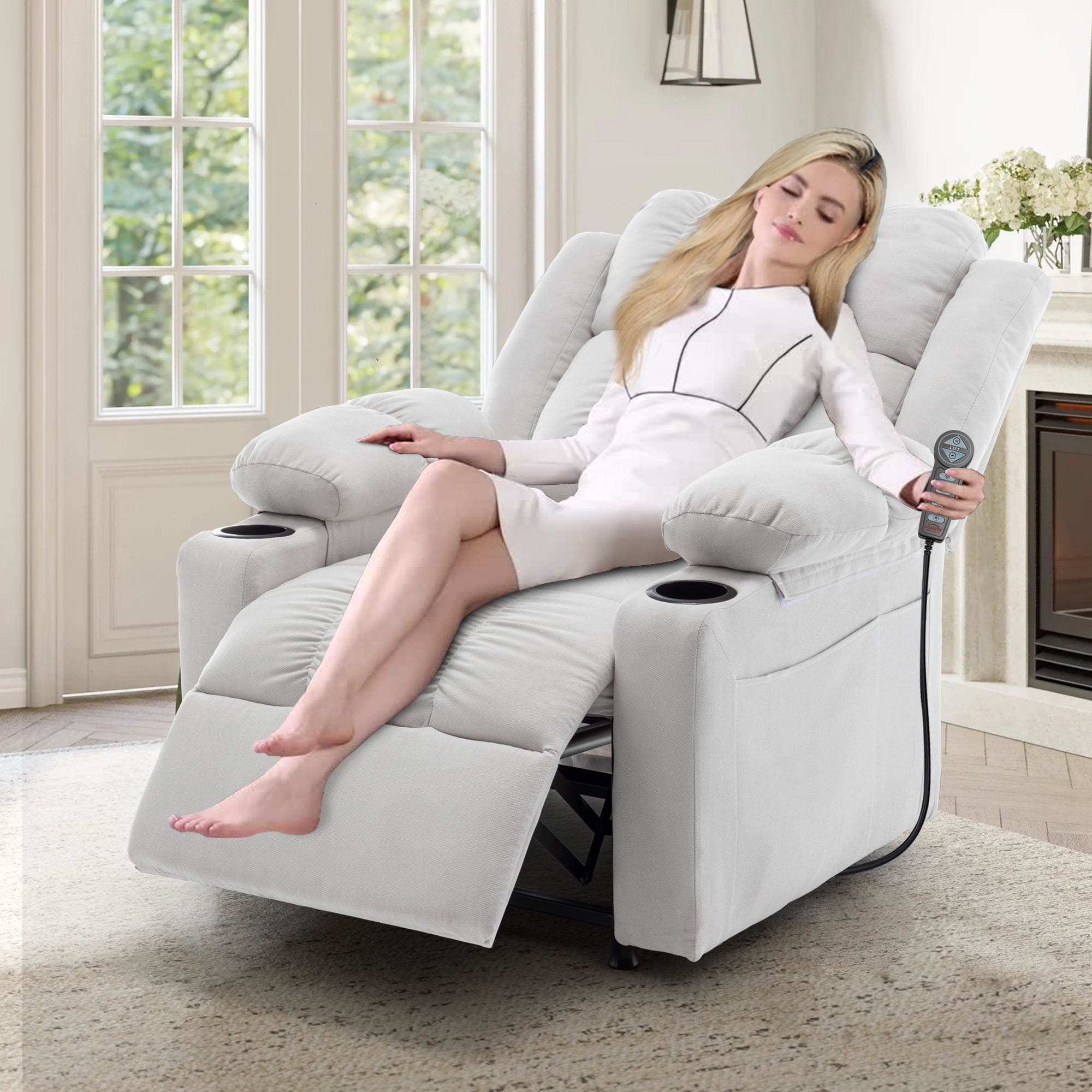Andeworld 22" Recliner Chairs with Heat and Massage,Oversized Recliner Sofa chairs with Cup Holder, Side Pocket and Tray Taable for Living Rooms, Bedrooms, and Nurseries(Beige)