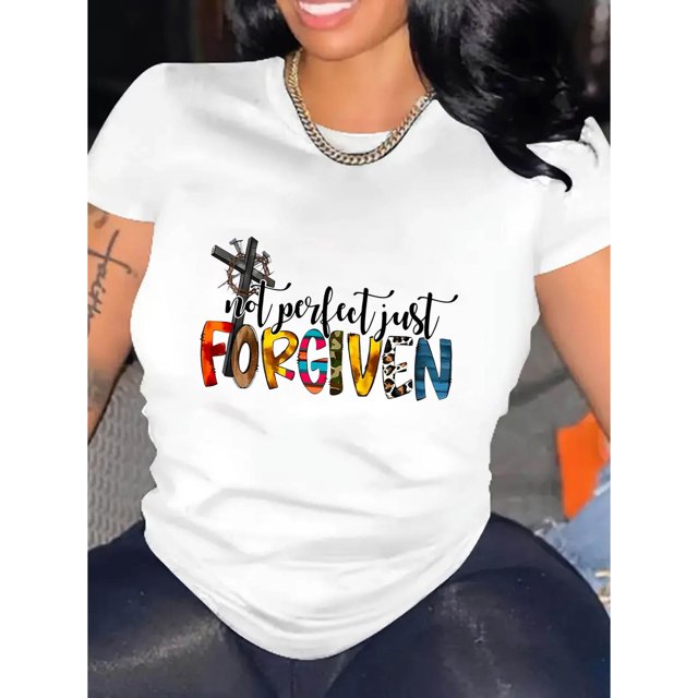 Creative Colorful English Forgiveness Pattern Printed Women'S Fashionable Round Neck Short Sleeve, Simple Casual Sports T-Shirt, Comfortable Summer Top for Women During Holidays.