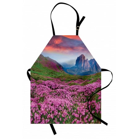 

Nature Apron Colorful Field of Blossom in the Morning Grand Dramatic Mountains Canyon Art Print Unisex Kitchen Bib Apron with Adjustable Neck for Cooking Baking Gardening Pink Green by Ambesonne