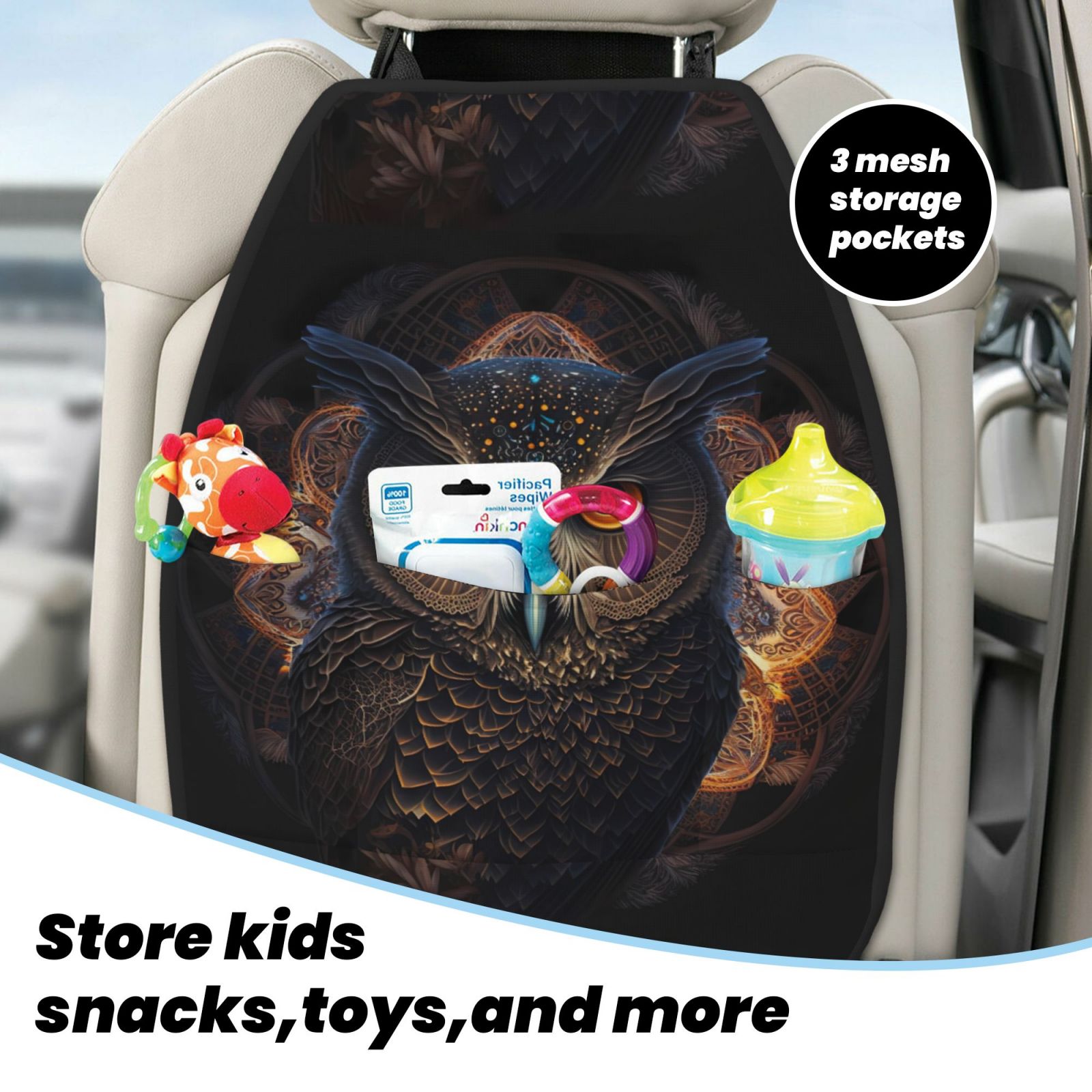 Xecao Classical Style Brown Owl Pattern Car Seat Back Protector 2 Pack Large Capacity Pocket, Kick Mats Back Seat Protector