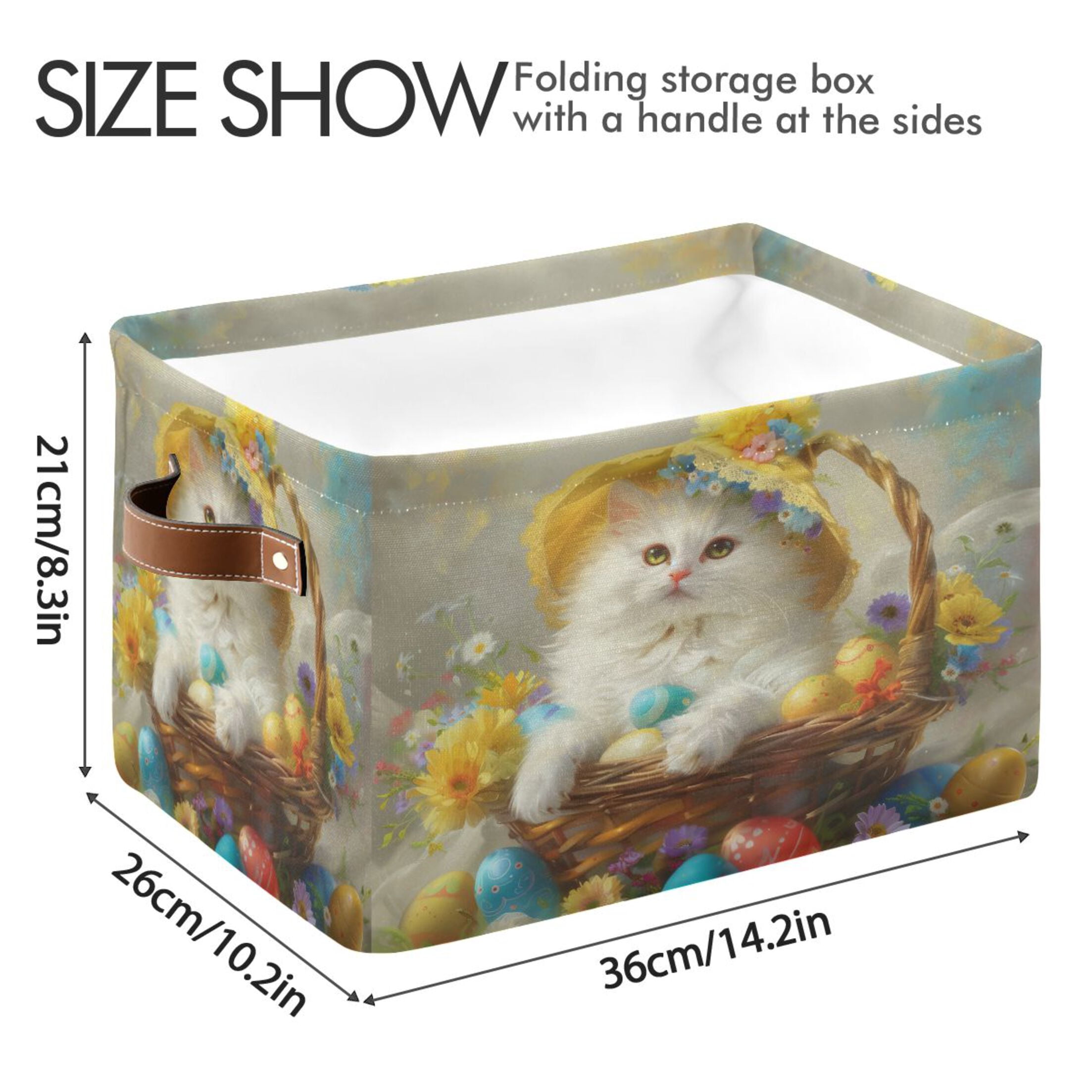 Storage Bins with Handle Fabric Organizer Basket Foldable Box 1 Pack Easter Egg with Cat 14.2x10.2x8.3