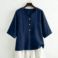 thumbnail image 5 of OIOLOYJM Linen Shirts for Womens Summer 3/4 Sleeve Button Down V Neck Blouses Loose Casual Lightweight Tunic Tops Navy 2XL, 5 of 6
