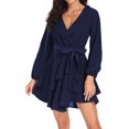 thumbnail image 3 of Aiyino Women's Dress Deep V-Neck Long Sleeve Waist Tie Ruffle Mini Swing Skater Dresses,Royal Blue, 3 of 6