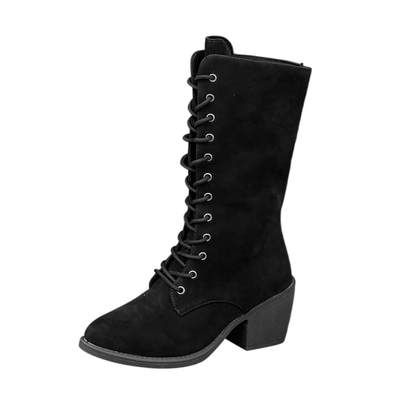 Xfvqtps Womens Fashion Lace up Mid Calf Boots Chunky Block Heel Booties Round Toe Suede Winter Boots for Women Comfortable Casual Shoes