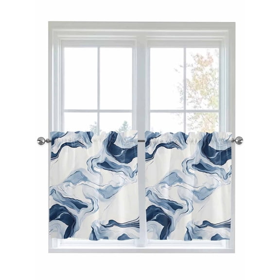 Half Window Curtain 36 Inches Long, Marble Window Treatment Curtain Drapes, Blue Abstract Neutral Textured Modern Watercolor Small Tier Curtains for Bathroom Over Sink, 27.5"x36", 2 Panels