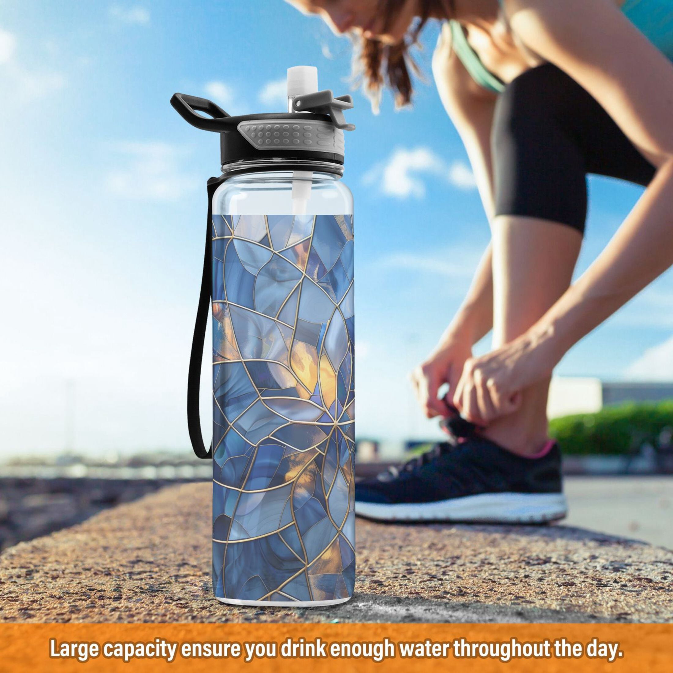Stained Glass Sports Water Bottle 32oz with Straw for Kids Travel Mug BPA Free Leak Proof for School