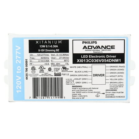 Advance XI013C036V054DMNM1 Xitanium 0-10V Dimming LED Driver, 13W, 27-54Vdc, 120-277V