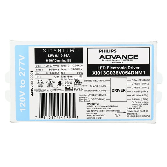 Advance XI013C036V054DMNM1 Xitanium 0-10V Dimming LED Driver, 13W, 27-54Vdc, 120-277V